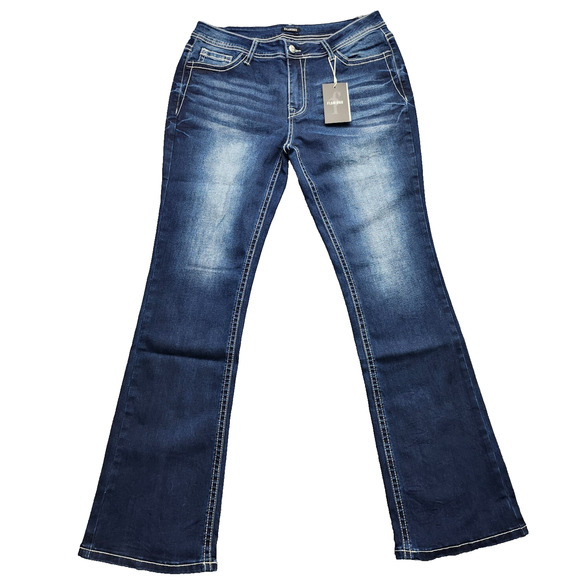 Flamingo Womens Bootcut Faded Dark Blue Jeans Cross on Pockets size Large - Picture 1 of 9